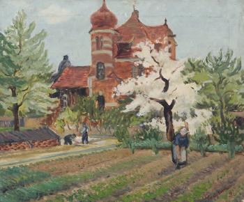 Gärtnerhaus der Villa Goetheallee 43, Dresden vor blühenden Kirschbäumen by 
																	Alfred Teichmann