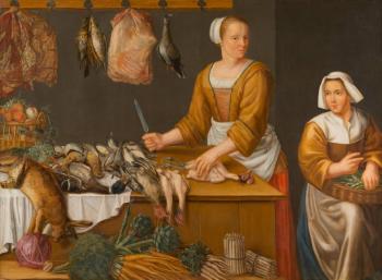 Küchenstück mit Zwei Mägden mit Fischen, Fleisch und Gemüse by 
																			Pieter Aertsen