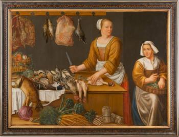 Küchenstück mit Zwei Mägden mit Fischen, Fleisch und Gemüse by 
																			Pieter Aertsen