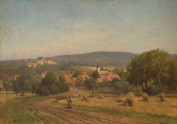 Ansicht eines Dorfes mit Ausblick auf eine Schlossanlage (Kreis Wittenberg) by 
																			Emil Zschimmer