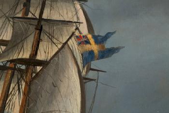 Marine mit königlichem schwedischen Postschiff (Union als Gösch im oberen Liek) by 
																			Heinrich Balduin Mollhausen