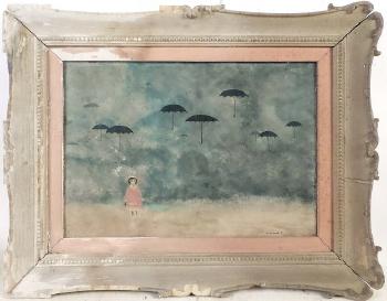A young woman on a rainy day with umbrellas floating in the sky by 
																			Wende Kasso