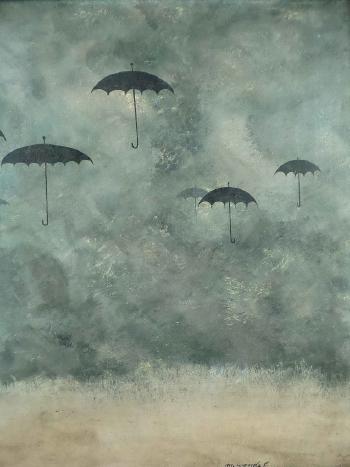 A young woman on a rainy day with umbrellas floating in the sky by 
																			Wende Kasso