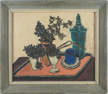 Still life with items on a red tray by 
																			Ben Zion