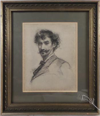 Bust-length portrait of James Abbott McNeill Whistler by 
																			Paul Adolphe Rajon