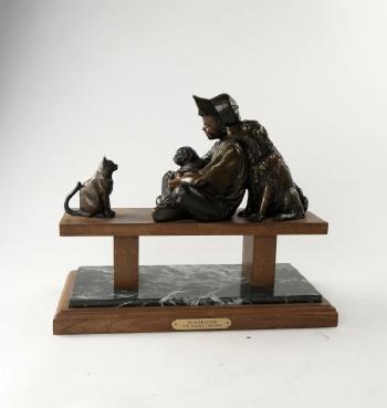 Boy sitting on walnut bench with two dogs and a cat by 
																			George W Lundeen