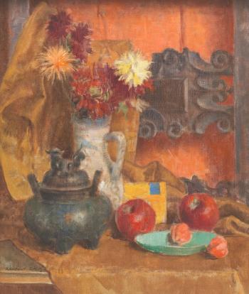 Still life with flowers and fruit by 
																			Bela Kontuly