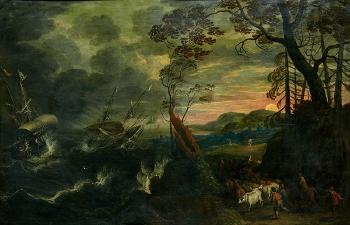 Vista costera con galeones y pastores by 
																	Andries van Eertvelt