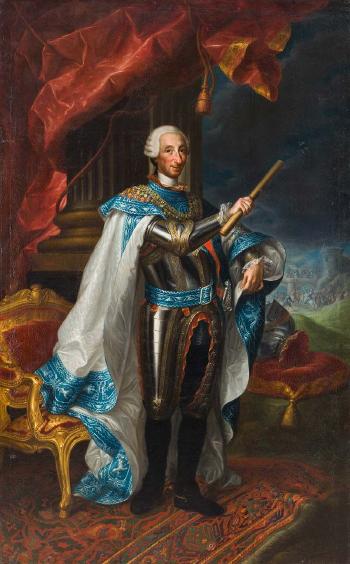 Retrato de Carlos III de cuerpo entero vistiendo armadura y el hábito de su Órden by 
																	Andres de la Calleja