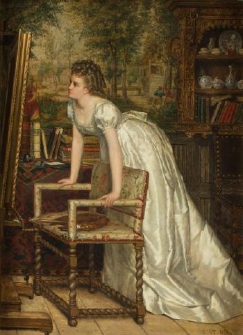 Jeune femme contemplant un tableau by 
																	Constant Cap