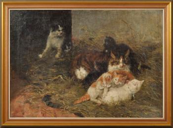 Katze mit Jungen im Heu by 
																			Clemence Nielssen