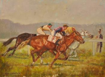 Rennszene mit 3 Jockeys by 
																			Eugen Osswald