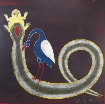 Frog, snake and crane by 
																			Edward Saidi Tingatinga