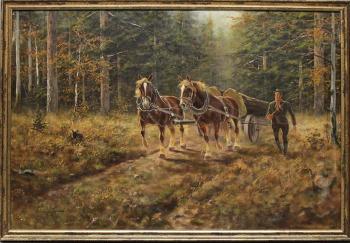 Waldarbeiter mit Pferdefuhrwerk auf einem Waldweg by 
																	George Majewicz