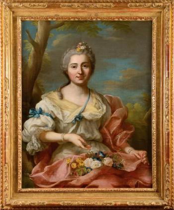 Portrait d’une jeune femme de qualité en Flore portant un drapé rose by 
																	Donat Nonnotte
