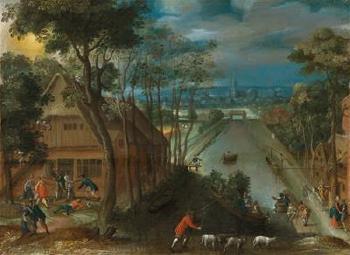 An extensive village landscape with a canal by 
																			Antoine Mirou