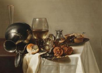 A banquet still life with a rummer of wine, a toppled-over pewter jug, precious vessels, a pastry and a roll by 
																			Roelof Koets