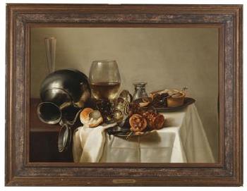 A banquet still life with a rummer of wine, a toppled-over pewter jug, precious vessels, a pastry and a roll by 
																			Roelof Koets