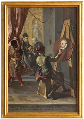 Fabio Albergati received by Philipp II of Spain, while an artist secretly executes his portrait on the king’s instructions by 
																			Antonio Burini