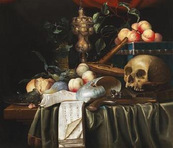 A vanitas still life with fruit, a gilded goblet, a musical score and a skull by 
																			Joris van Son