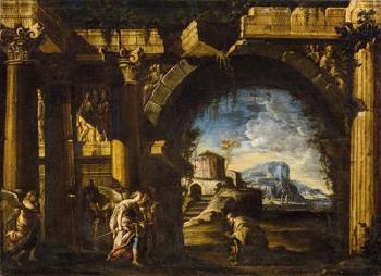 A pair of architectural capricci with scenes from the Old Testament, Abraham with the three angels and the expulsion of Hagar and Ismael by 
																			Ascanio Luciani