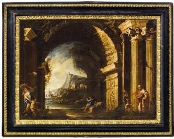 A pair of architectural capricci with scenes from the Old Testament, Abraham with the three angels and the expulsion of Hagar and Ismael by 
																			Ascanio Luciani