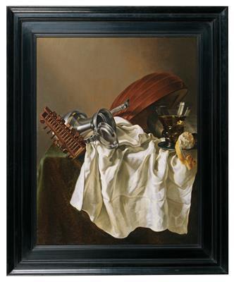 A still life with a lute, a berkemeier goblet and a knocked-over Jan Steen jug by 
																			Willem van Odekerken