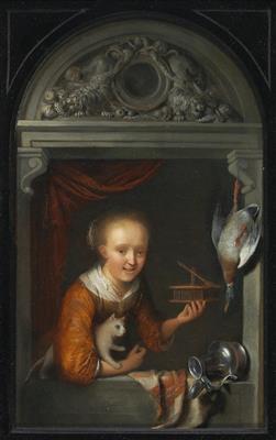 A young woman at a window, with a cat, a mousetrap, a hanging duck and a tilted pewter jug beside her by 
																			Gerrit Dou