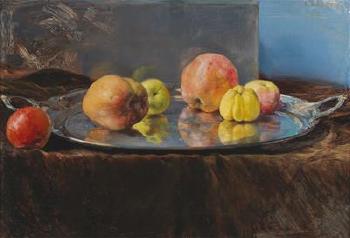 Apples and quinces on a silver tray by 
																			Georg Jakobides