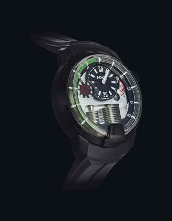 DLC-coated wristwatch with retrograde fluid hours and power reserve by 
																	 HYT