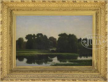 Landscape with lily pond and bridge by 
																			Edward M Bannister