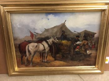 Figures in a trading camp with horses and cart by 
																			Tadeusz Rybkowski
