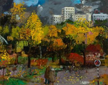 City view with strolling couple in park by 
																	Harm Henrick Kamerlingh Onnes