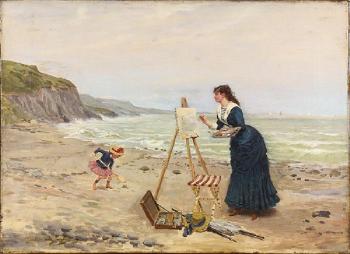 Beach scene with woman painting at an easel while a child is playing by 
																			Gustave de Jonghe