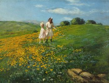 Two young girls on a hill with yellow wildflowers by 
																			Edward Dufner