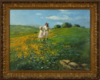 Two young girls on a hill with yellow wildflowers by 
																			Edward Dufner