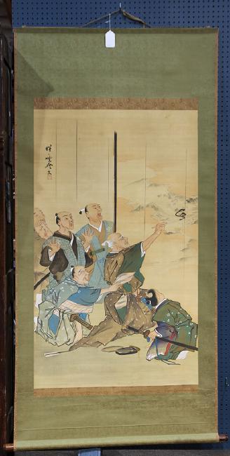 Caricature and satire depicting a lord painting over a fusuma panel while his retainers watch in surprise by 
																			Kawanabe Kyosai