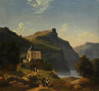 Mountain and Lake Landscape with Figures Walking by 
																			Cornelis Lieste