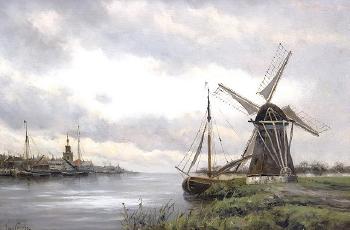 River landscape with windmill by 
																	Jan van Coover