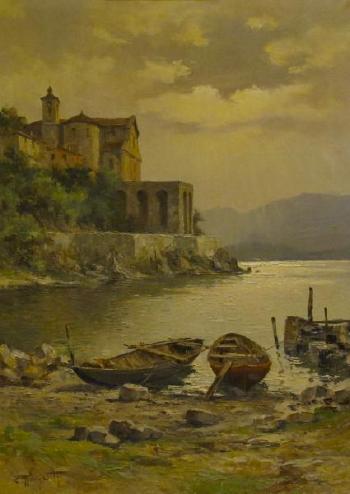 Eglise et barques au bord d'un lac de montagne by 
																	Ercole Magrotti