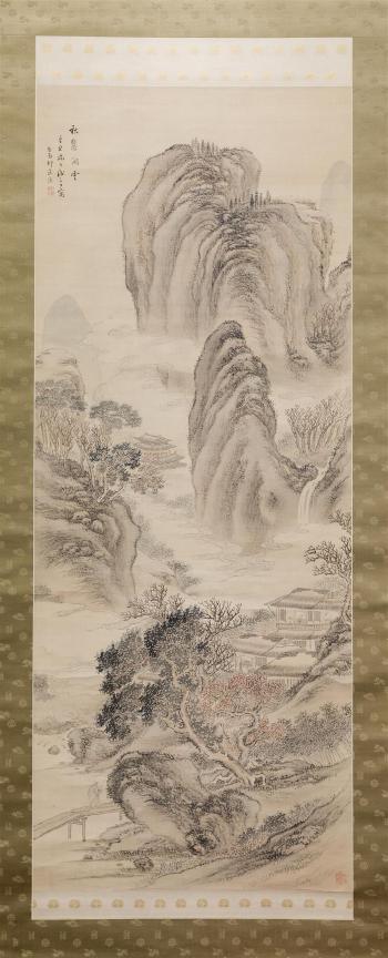 Japanese silk scroll painting - Leisurely Clouds at the Base of Autumn Mountains by 
																			Hoashi Kyou