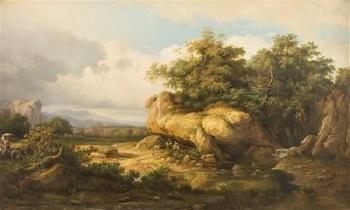 Idealisierte weite italienische Landschaft mit jungem Mann, Esel und Wäscherin sowie Rastenden in Felsengrotte by 
																			Johann Novopacky