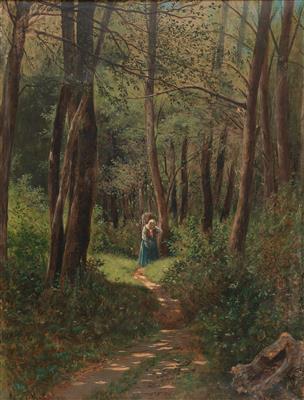 Woodland Landscape in Summer with Woman Gathering Brushwood by 
																			Eduard Majsch