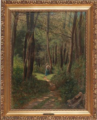 Woodland Landscape in Summer with Woman Gathering Brushwood by 
																			Eduard Majsch