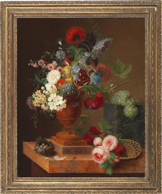 A still life of flowers and fruit by 
																			Georg Frederik Ziesel