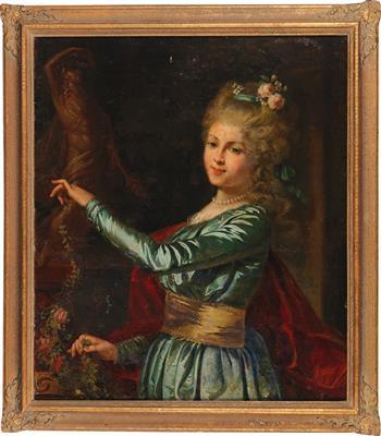 Portrait of a young lady decorated a statue with flowers by 
																			Louis Francois Gerard van der Puyl