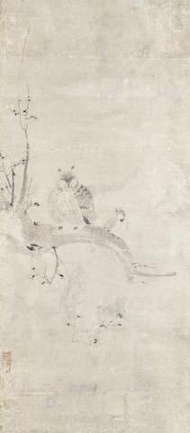 Owl and skylark on a Prunus branch by 
																			Kaiho Yusho