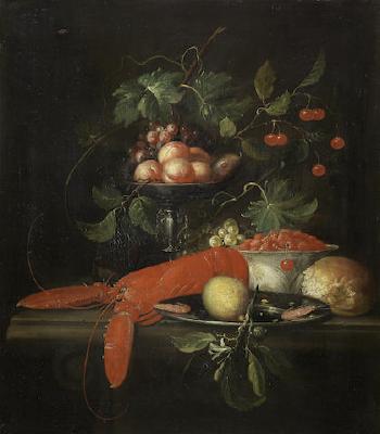 A tazza of peaches and grapes beside a bowl of strawberries and a lobster with a lemon on pewter dish, on a stone table-top by 
																	 Pseudo Simons
