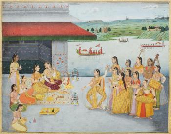 Dancers and musicians performing for a princess on a terrace before a river by 
																	Muhammad Afzal
