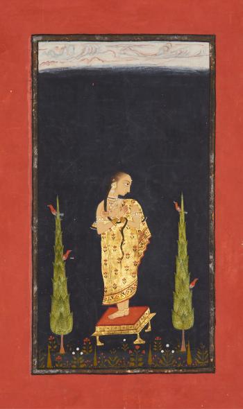 A princess wrapped in a gold sari attends to her toilet while standing on a footstool between two slender cypress trees by 
																	 Wajid of Isarda